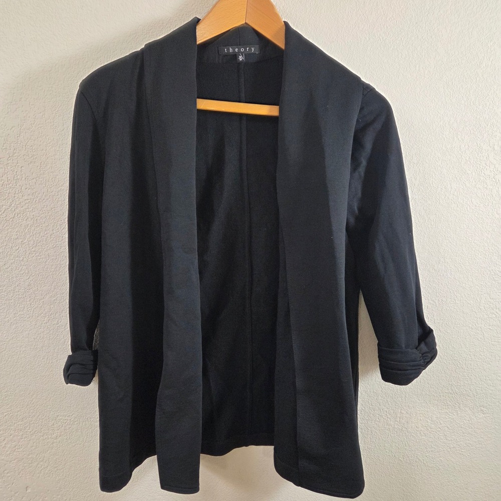Theory Womens Black Open Front Shawl Collar Ruched 3/4 Sleeve Blazer Size M